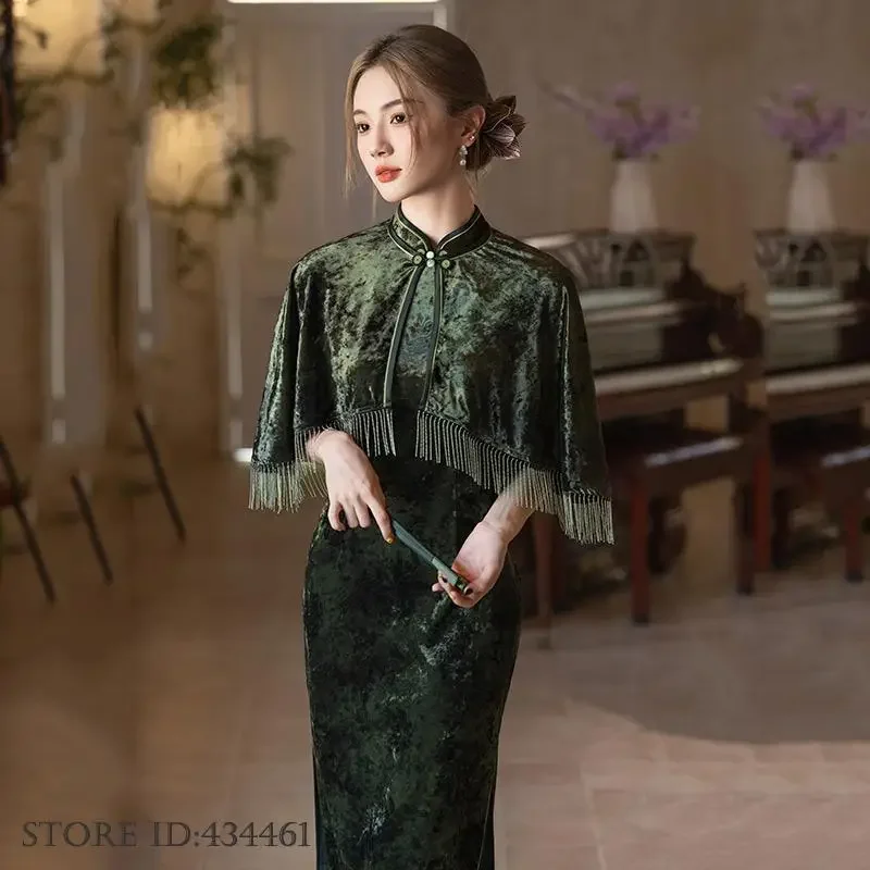 الكلاسيكية الأنيقة التقليدية شيونغسام الخريف الشتاء القطيفة طويلة تشيباو شال مجموعة فستان الحفلات المسائية مثير سبليت فساتين الصينية