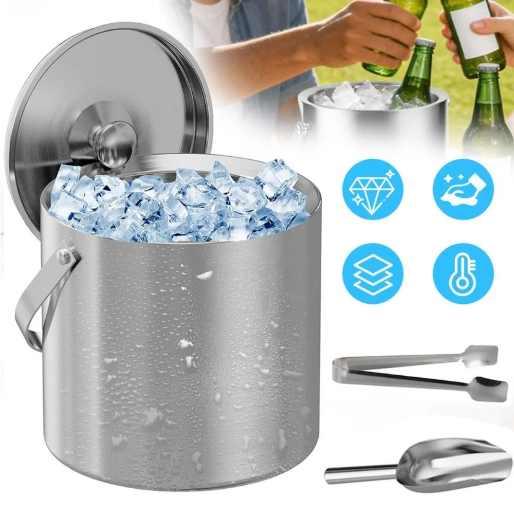 2L Edelstahl-Eiskübel mit Deckel und Zange |   Langanhaltende Isolierung, hält Eis kalt, geeignet für Champagner-Cocktails, perfekt für Partys, Hausbars und den Einsatz im Gefrierschrank.