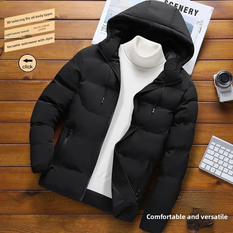 Men's Thickened down Cotton Jacket Winter Casual Hooded Coat Youth Fashionable Versatile Top Quality Silk Fiber Filled Slim Fit