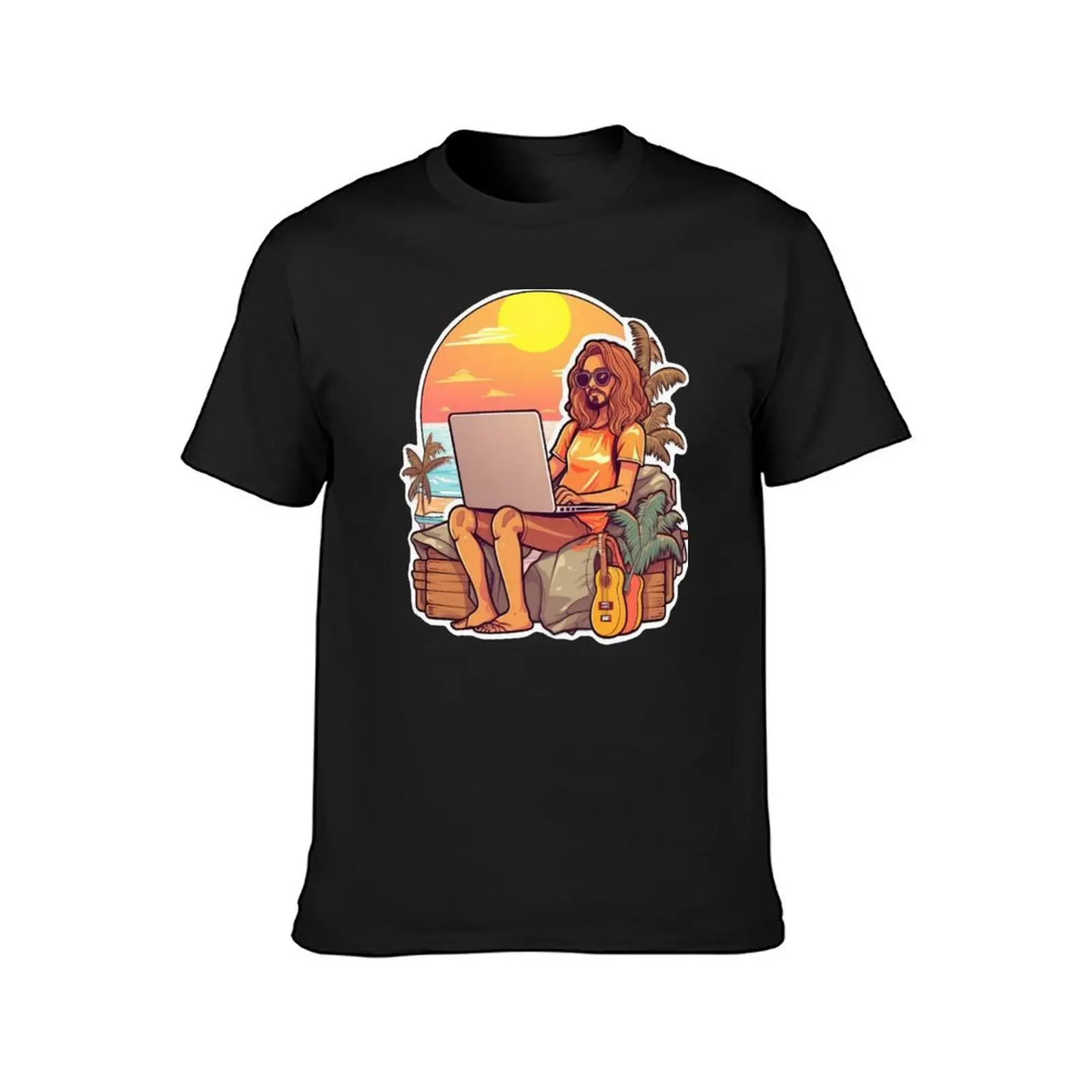 Digital nomad works on his laptop while relaxing on the beach T-Shirt summer top shirts graphic tees black t-shirts for men