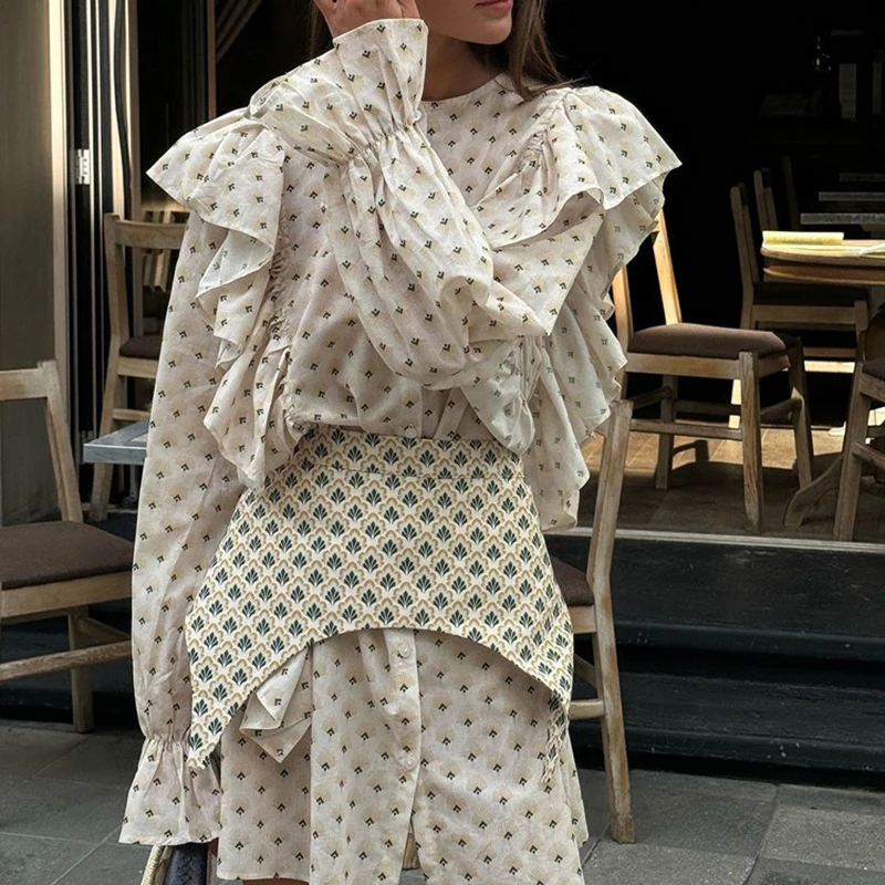 Tornova Ruffled Flowers Mini Dress Woman Flare Long Sleeve Shirt Dress With Waist Seal High Waist Slim Office Lady Casual Dress
