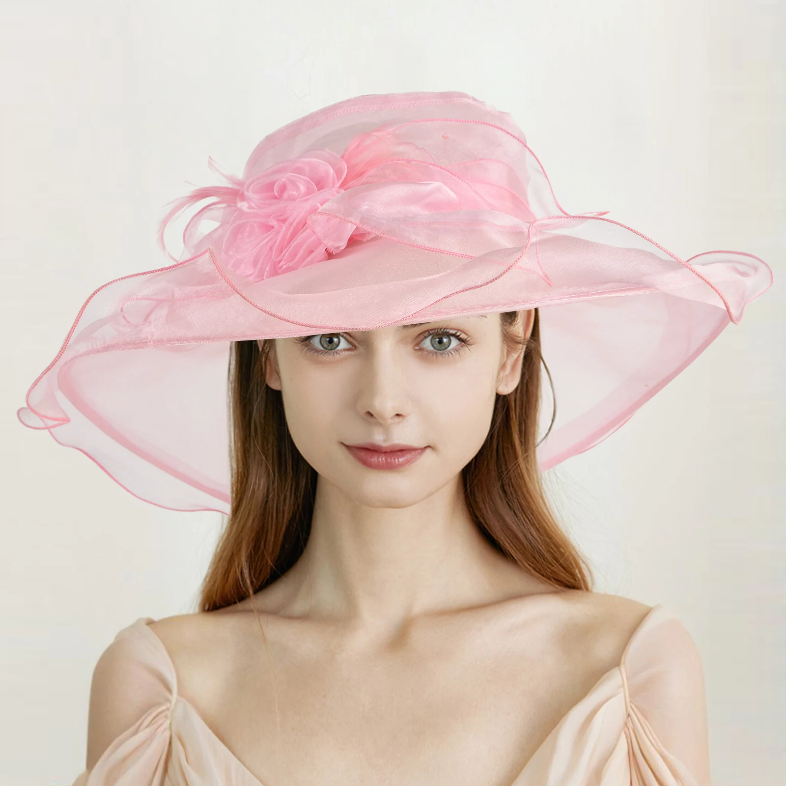 

New Ladies' Elegant Organza Fascinator - Hot Pink Wide Brim Hat for Church, Party, Weddings Derby Hat S10-3851