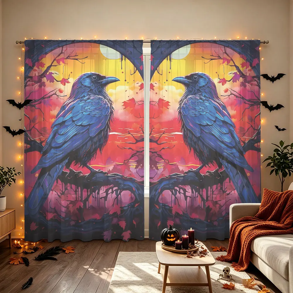 2Pcs Gothic Heart Frame Crow Maple Leaf Sunset Print Rod Pocket Curtains, Blackout Privacy Curtain For Living Room Bedroom, D