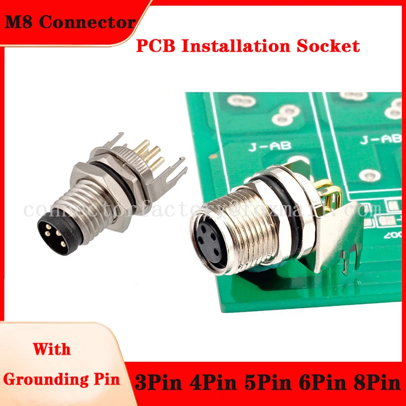 

M8 3 4 5 6 8 Pin Waterproof IP67 Aviation Male Female Socket Threaded Connector For PC Board Install With Grounding Pin