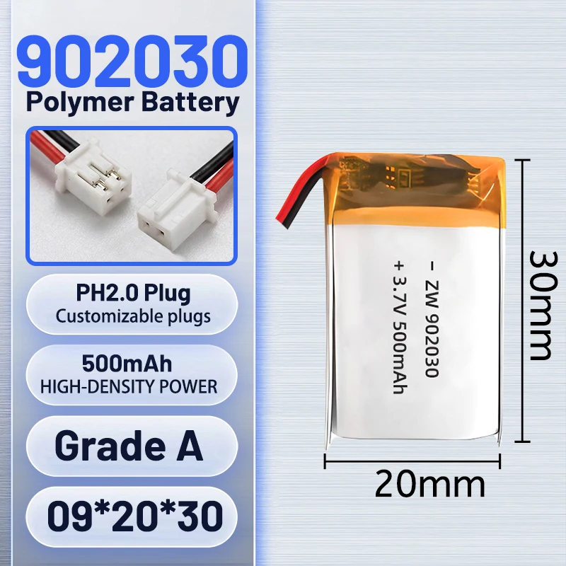 Lithium Polymer Battery 3.7V 500mAh 902030 Rechargeable for Electronic Toys LED Lights Speaker Large Audience