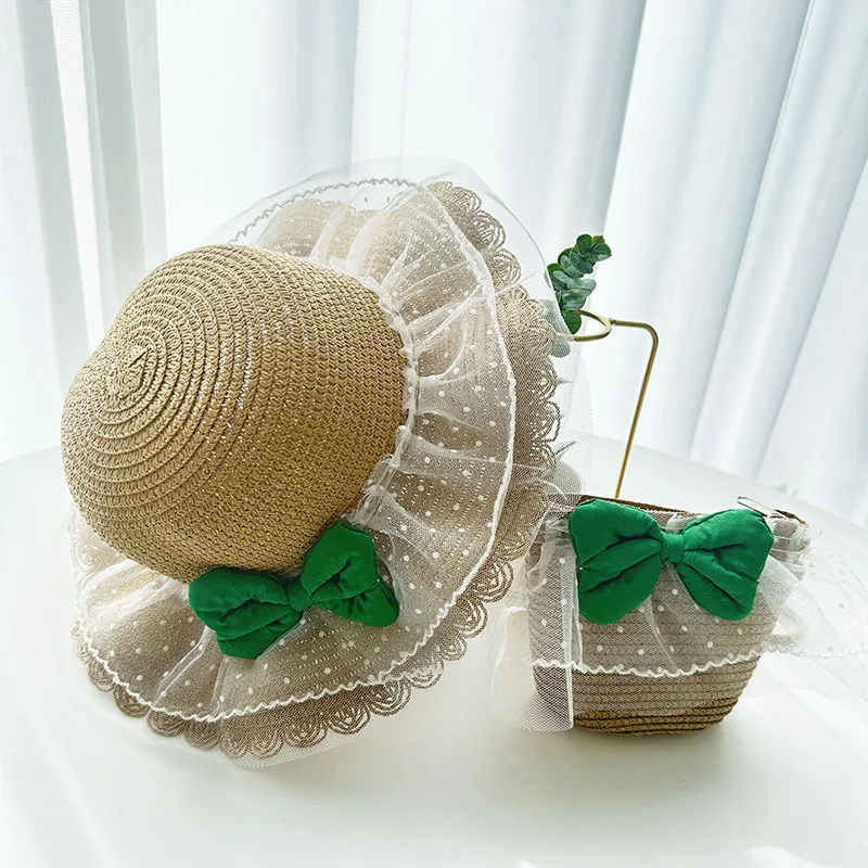 Girls straw hat garland sunshade sun hat breathable bag princess suit outdoor beach straw hat wholesale