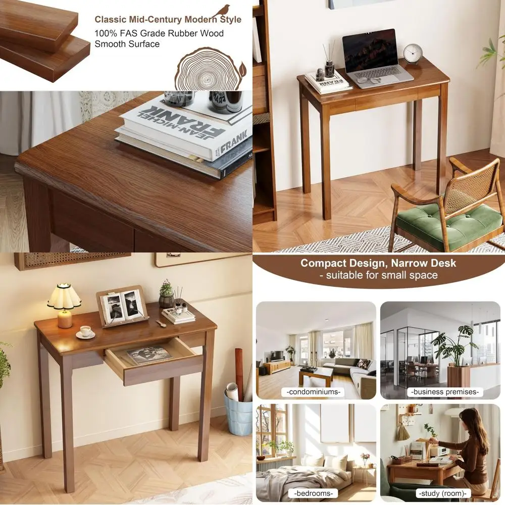 مكتب خشب مطاطي حديث من خشب الجوز مقاس 32 × 16 في منتصف القرن مع أدراج للمساحات الصغيرة #1