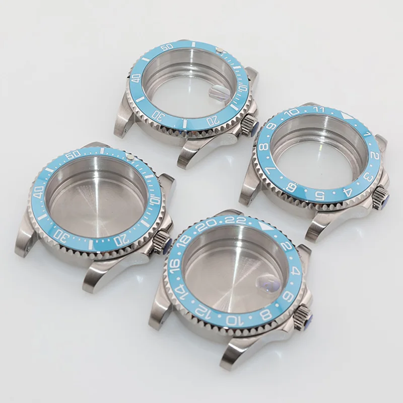 40mm Sky Blue SubMariner Watch Case 316L Stainless Steel for Seiko Mod NH34 NH35 NH36 Sapphire Crystals Brushed Replacement Part
