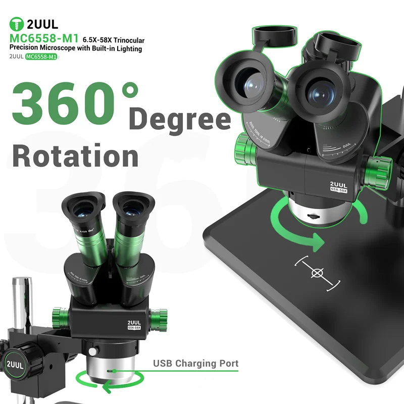2UUL MC6558-M1 6.5-58X Zoom Trinocular Stereo Microscope Adjustable LED Light Source for Mobile Phone Soldering Repair Tool