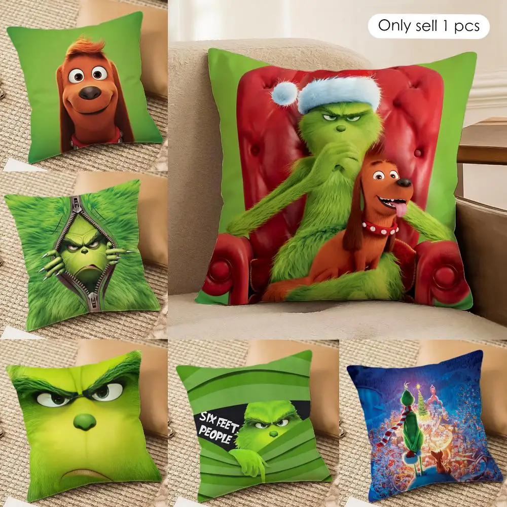 Cartoon G-GrinchHs Cute Cushion Cover Silky Short Plush Invisible Zipper Dustproof Sofa Pillow Case For Home Decor