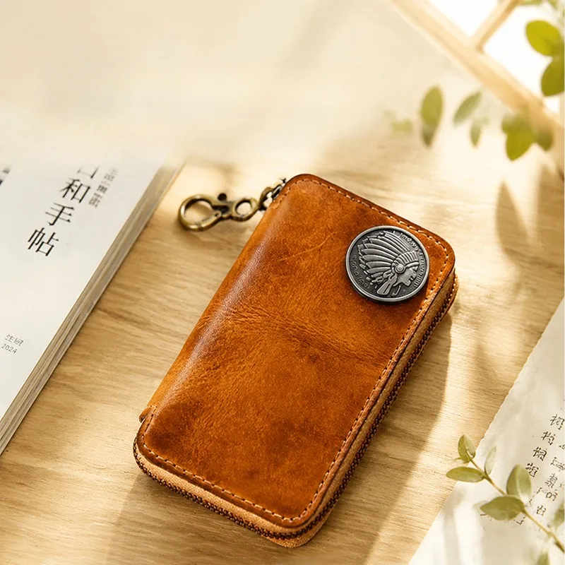 New Men Genuine Waxed Leather Key Wallet Full Zipper Closure Multi‑Hook Keys Organizer Card Coin Storage Wallet Vintage Key Case