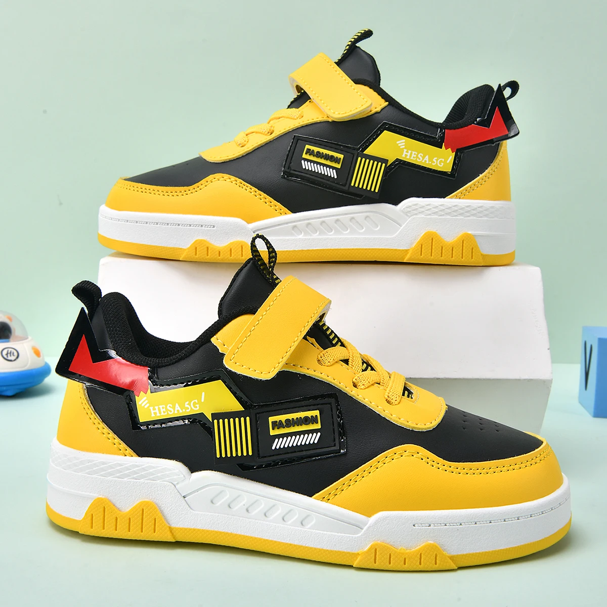 

New Cartoon Boys Sneaker Children Shoes Luxury Leather Autumn Kids Casual Sneaker Yellow Black PU Skater Sports Shoes for Boy
