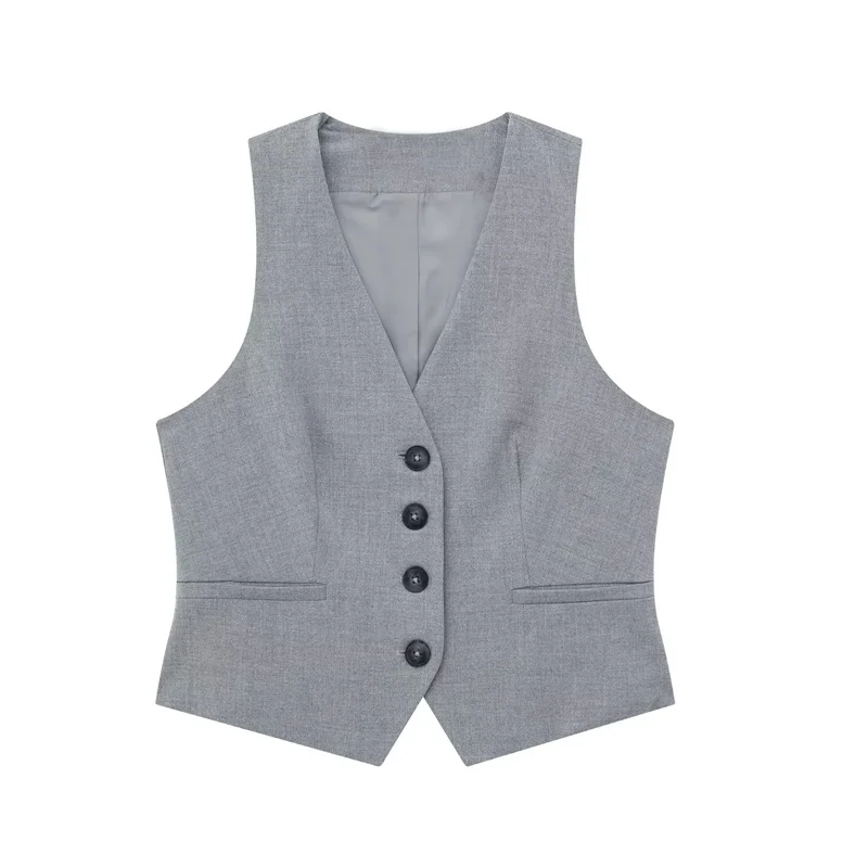 TRAF Grey Cropped Vest Women V Neck Sleeveless Vest Woman Fashion Summer Women\'s Suit Vest Top Button Short Coats Waistcoat