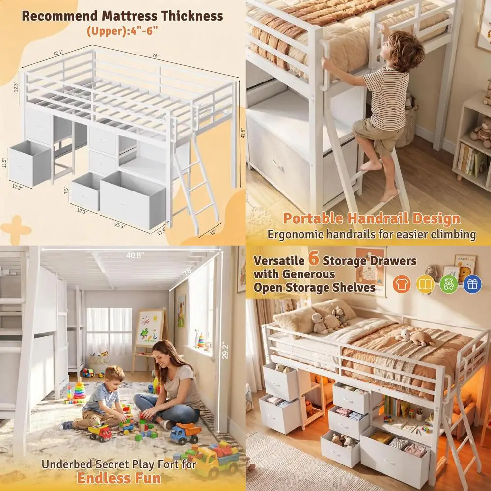 

Twin Size Loft Bed with Storage Drawers, Bookcase, LED Lights, Play Curtain, Safety Rails, and Ladder