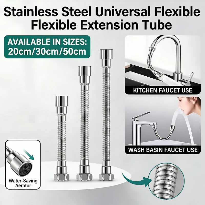 20/30/50CM Universal Stainless Steel Faucet Extender with Anti-Splash Aerator & Flexible Hose Kitchen Sink Water Saver Nozzle
