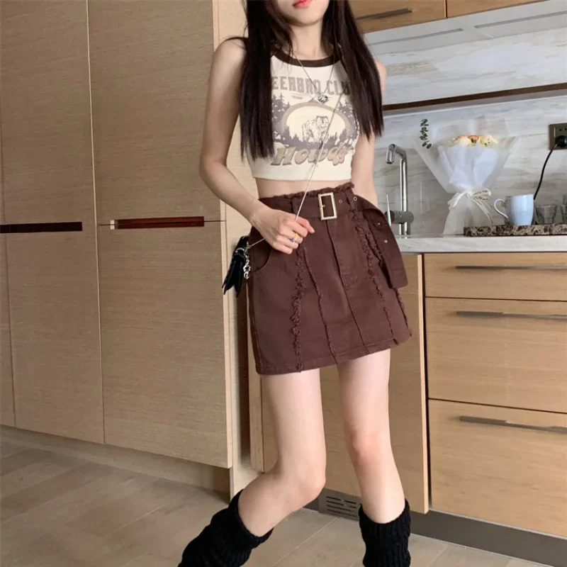 Jeans Skirts for Women Mini with Pocket Kawaii Gyaru Midi Cute Woman Denim Skirt Short Black High Waist Y2k Vintage Aesthetic V