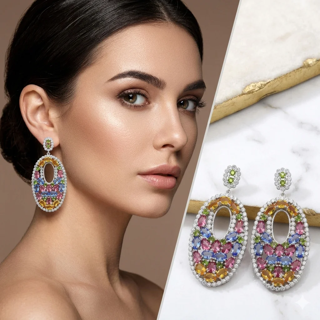 60x28mm Long Big Multi Color London Blue Topaz Smoky Topaz Tourmaline Peridot Violet Tanzanite CZ Engagement Silver Earrings 2
