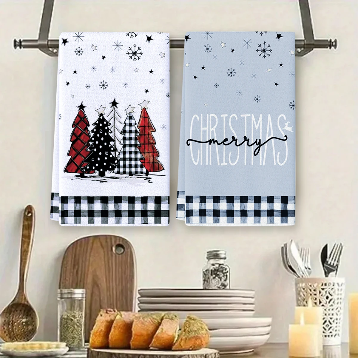 Christmas Tree Kitchen DishTowels Green Buffalo Plaid Xmas Tree Dish Towels Drying Cleaning Cloth Farmhouse Home Noel Decor