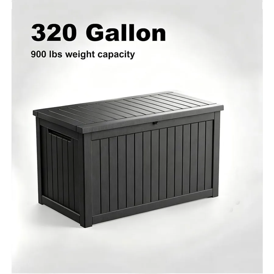 Outdoor storage box for patio furniture and garden tools: 320-gallon waterproof UV-resistant resin deck box in gray with hydrau