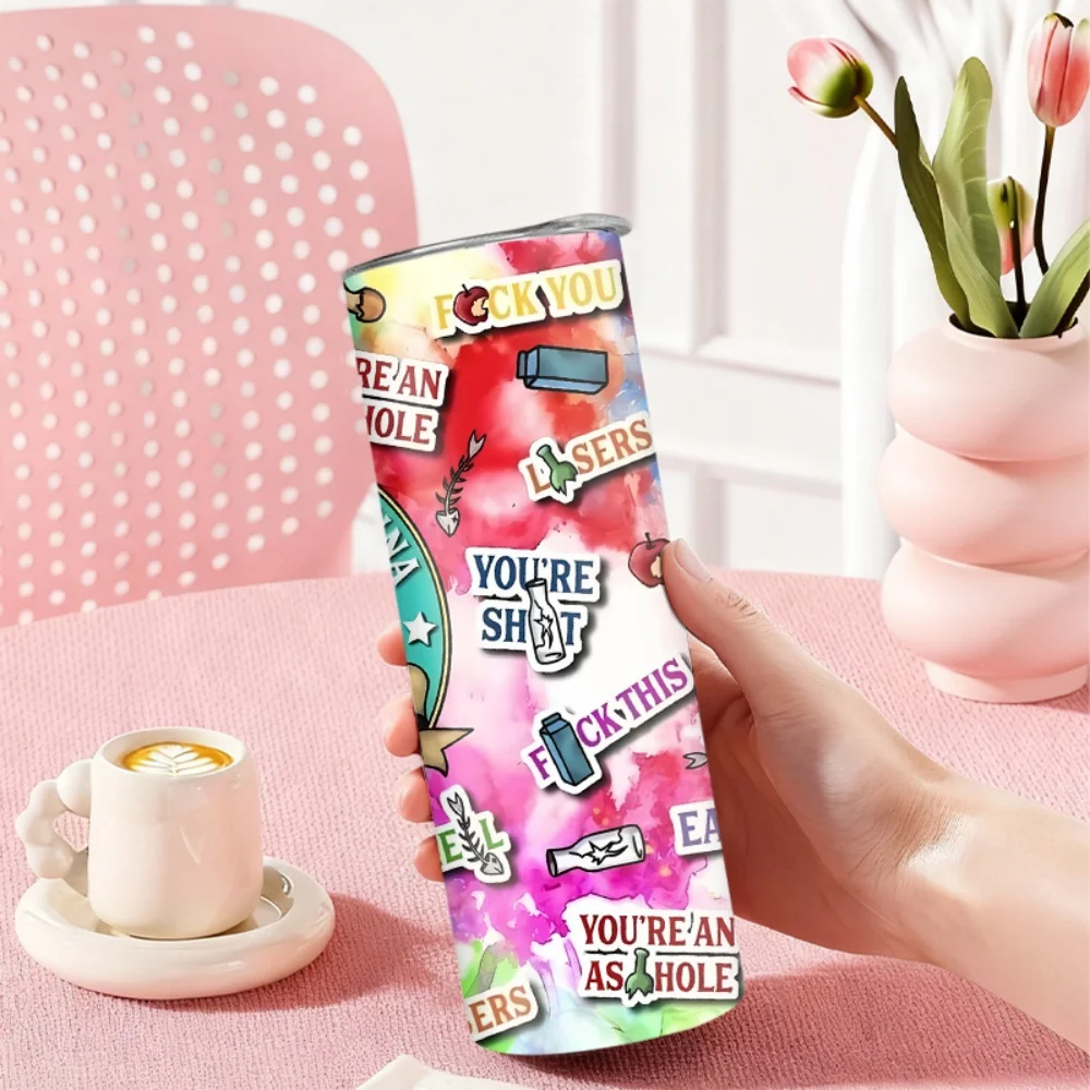 1pc Stainless Steel Water Bottle/Tumbler with Raccoon Trash Can Prank Sticker Design – 20oz (591ml) – Includes Straw