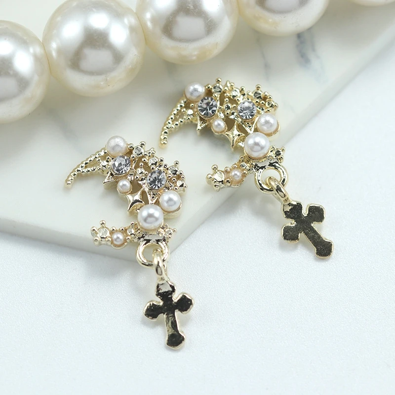 10PCS 3D Moon Star Nail Pearl Charms Luxury Alloy Cross Pendant Jewelry Accessories Parts For Nails Art Decoration Supplies Tool