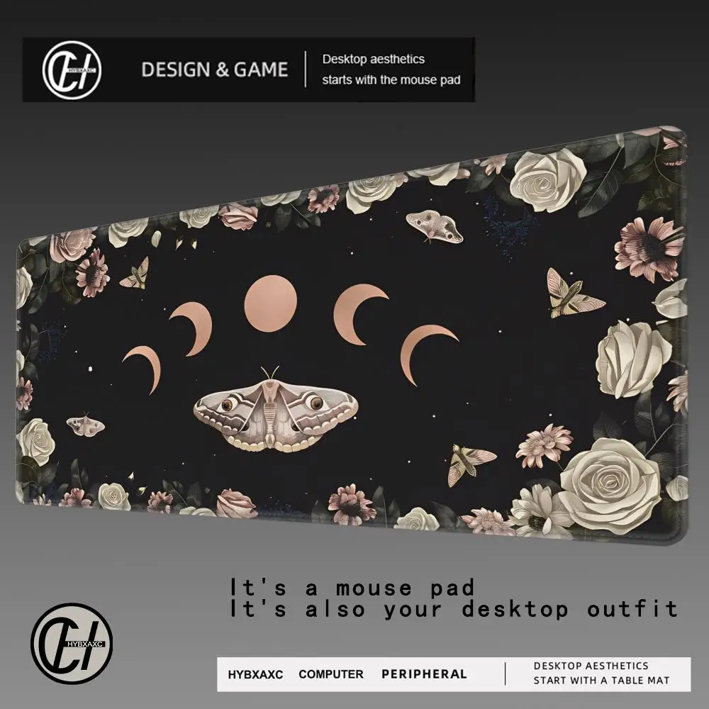 

HYBXAXC Moon Phases Desk Mat Black Cottagecore Pale White Roses Butterflies Star Witchy Pagan Mousepad Occult Wicca Mouse Pad