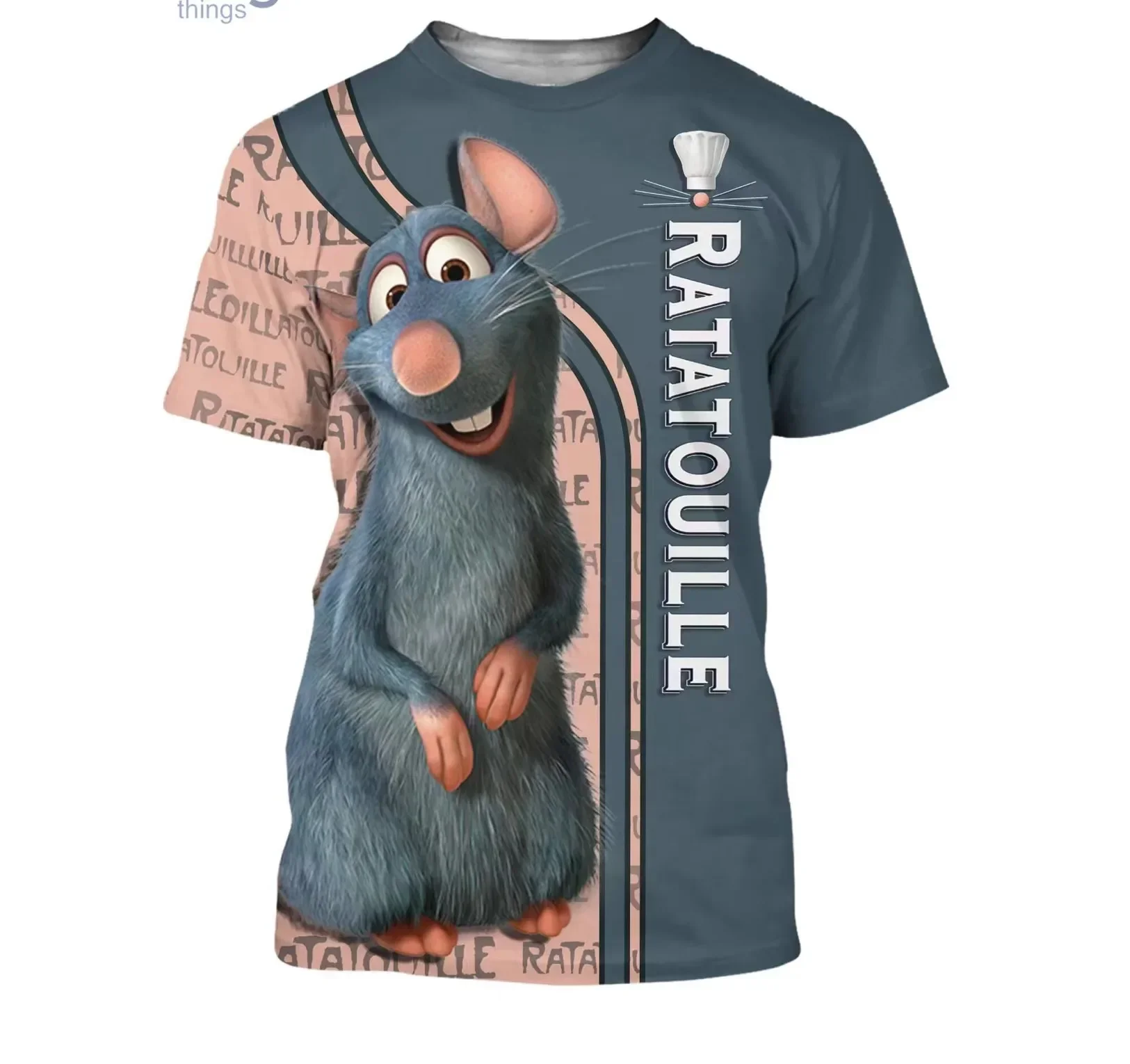 Remy Ratatouille Cream Steel Blue Signature Patterns Disney Cartoon 3D Men and Women T-Shirt