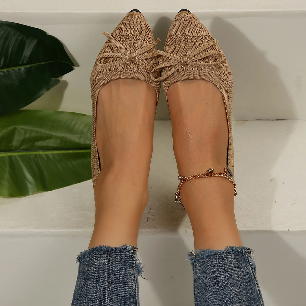 Pointed Bow Flying Flat Shoes Women's 2025 New Summer Casual Bean Shoes Knitted Soft Sole Knitted Women's Shoes Large Size 43