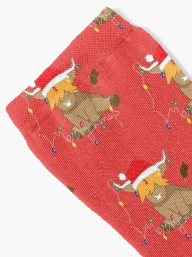 Cute highland cow christmas lights red santa hat Socks floral luxury with print Mens Socks Women's