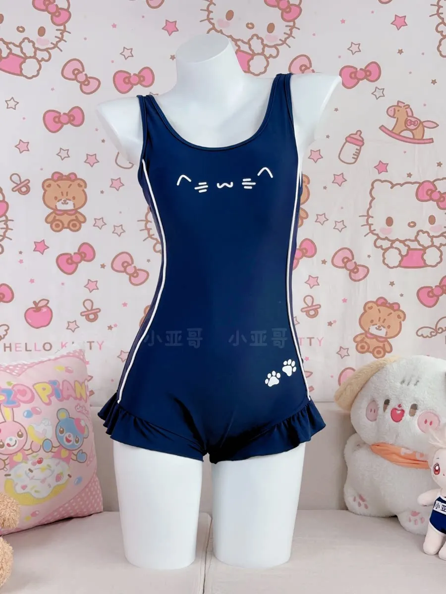 Japanese Style Swimsuits for Women Sweet Navy Blue Kawaii Swimsuit Student Lace One-Piece Swim Suits Summer Girl Swimwear