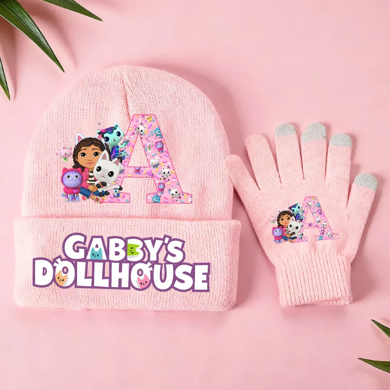 

2 шт. вязаные перчатки и шапка для девочек с мультяшными буквами A-Z, уличные варежки, детские зимние теплые перчатки-шапки, подарки