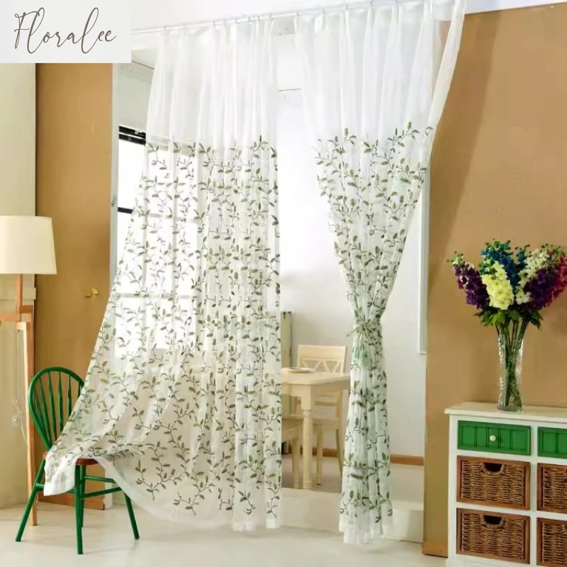 Leaf Embroidered Gauze Curtains Children's Room Bedroom Sheer Curtains for Living Room Dining Balcony Embroidered Window Veil