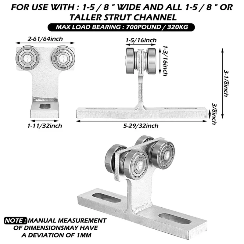

2Pcs 4 Wheel Trolley Assembly,for 1-5/8In Wide and All 1-5/8In or Tallers Strut Channel,Load 900 Pounds,Bearing Assembly
