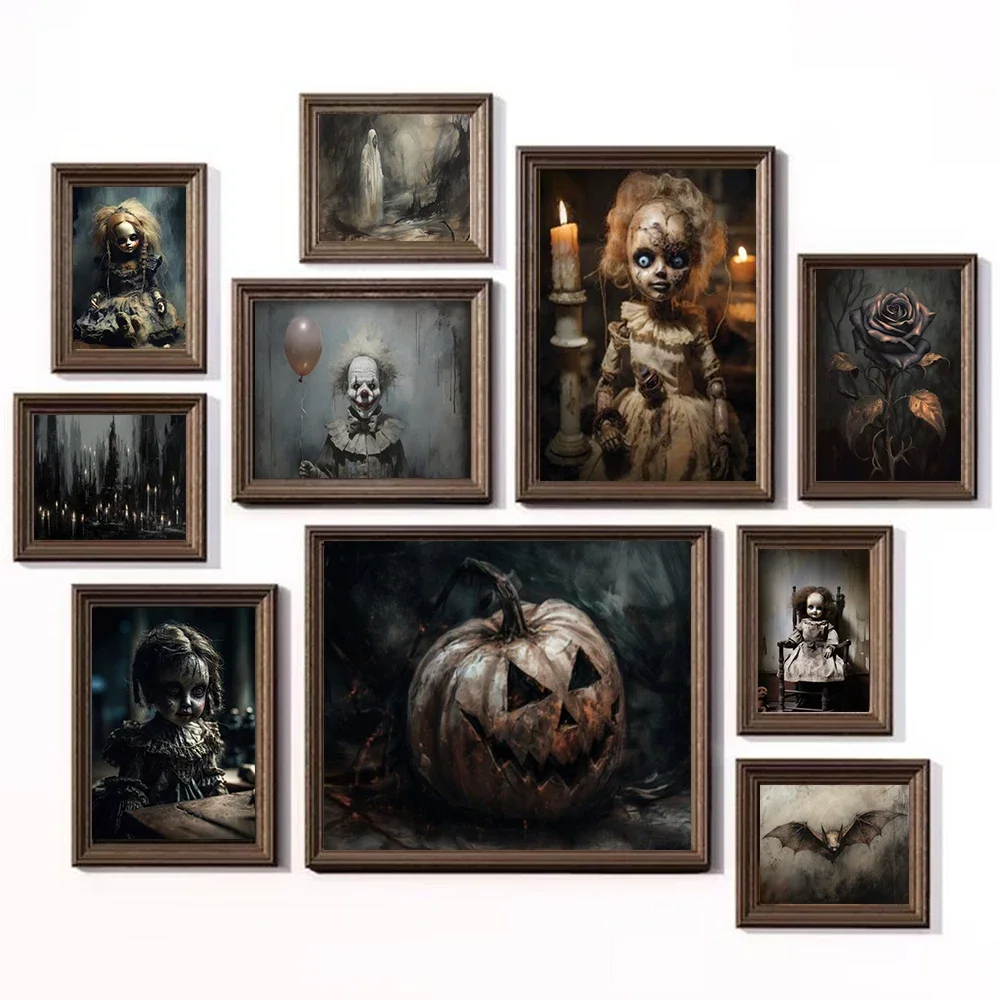 Thriller Gothic Dark Style Set Retro Posters Horror Clown Ghost Doll Magic Witch Wall Art Living Room Home Decor Canvas Painting