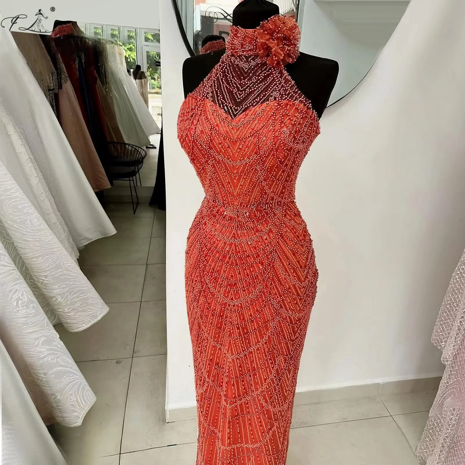 

Halter Neck Floral Embellished Evening Gown Orange Red Beaded Fitted Dress Sexy Prom Dress Party And Holiday Dress Customizable