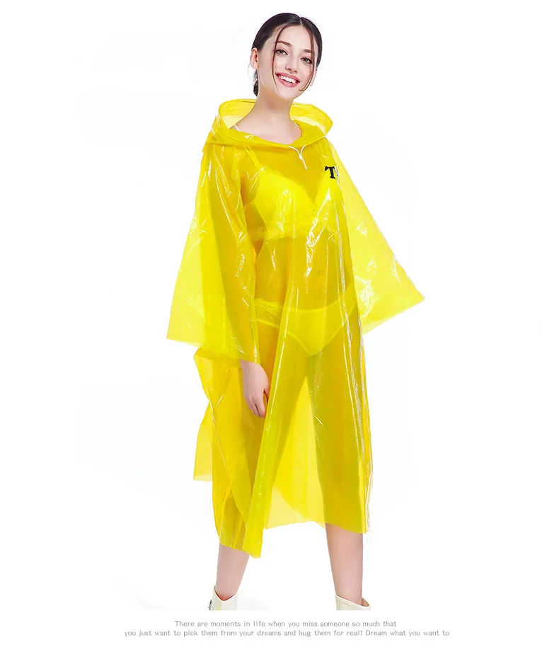 Plastic PE See Through Clear Transparent Sheer Yellow Pullover  Hooded Rainproof Travel Touring RainCoat Cape