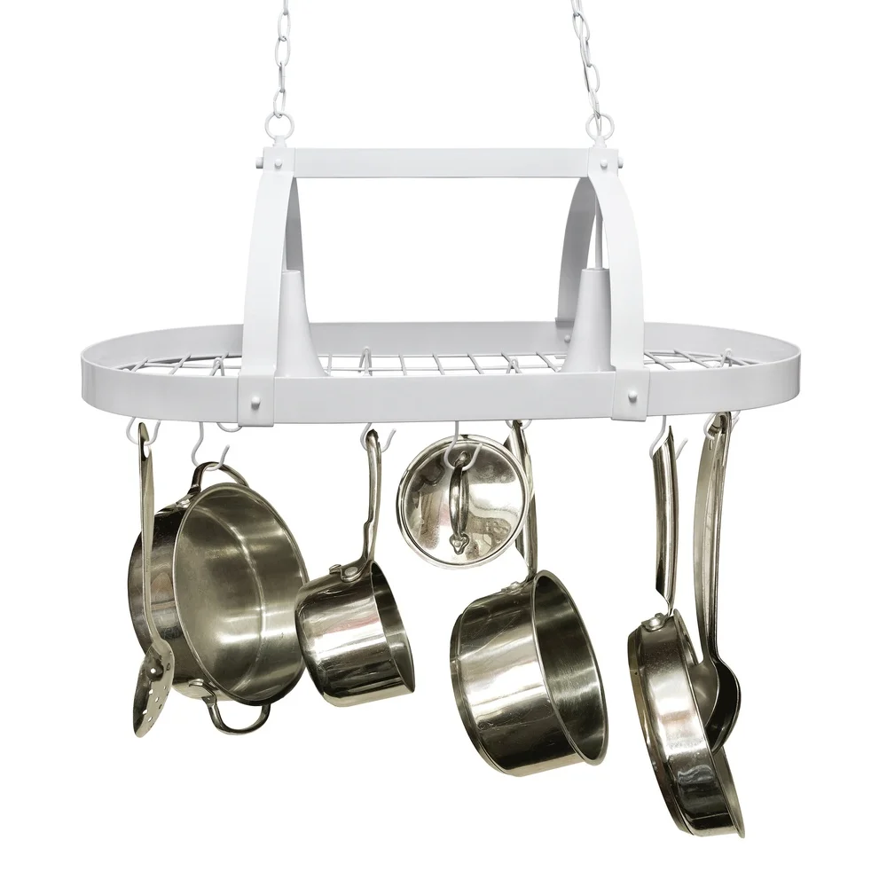 

2 Light Kitchen Pot Rack Fixture with Downlights Hooks Industrial Style Metal Design Easy Access and Extra Lighting