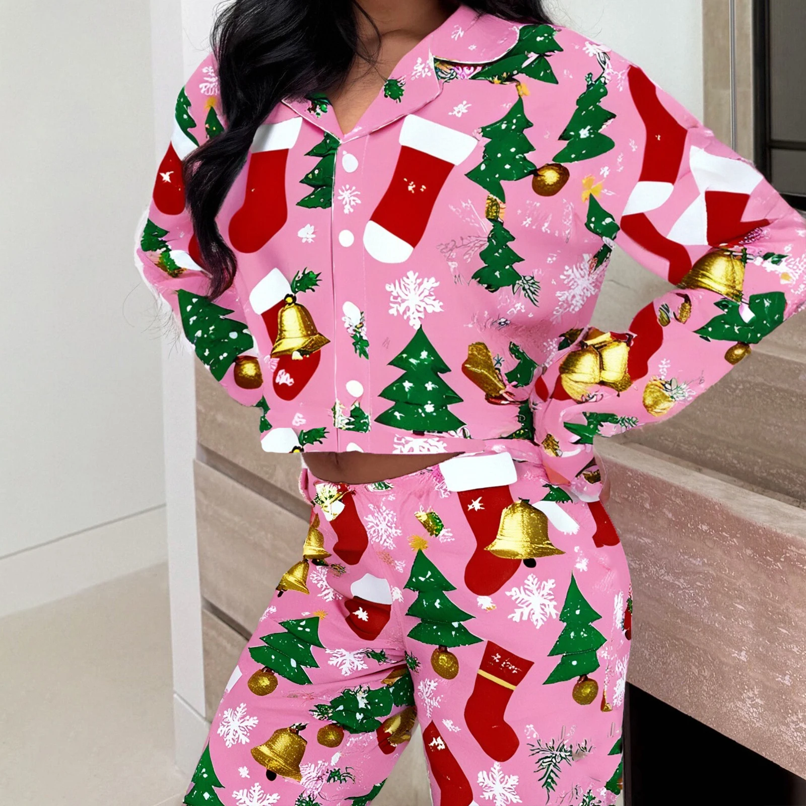 

Women Fashion Christmas Pajama Sets Xmas Tree Print Long Sleeve Button Shirts Tops and Elastic Waist Pants Sleepwear Loungewear