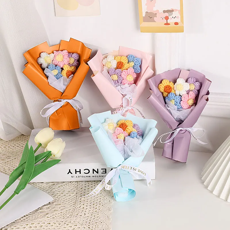 Crochet Flowers Bouquet Kawaii Bear Graduation Gifts Artificial Knitted Flower Daisy Bouquet Wedding Guests Gift Party Decor