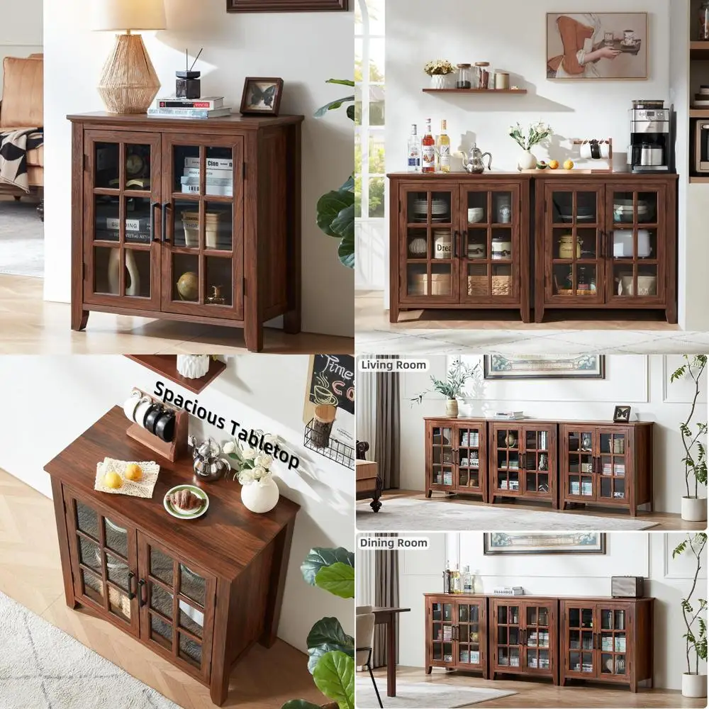Large Farmhouse Style Kitchen Buffet Cabinet with Storage and Glass Doors for Coffee and Wine, Mid Century Modern Wood Design