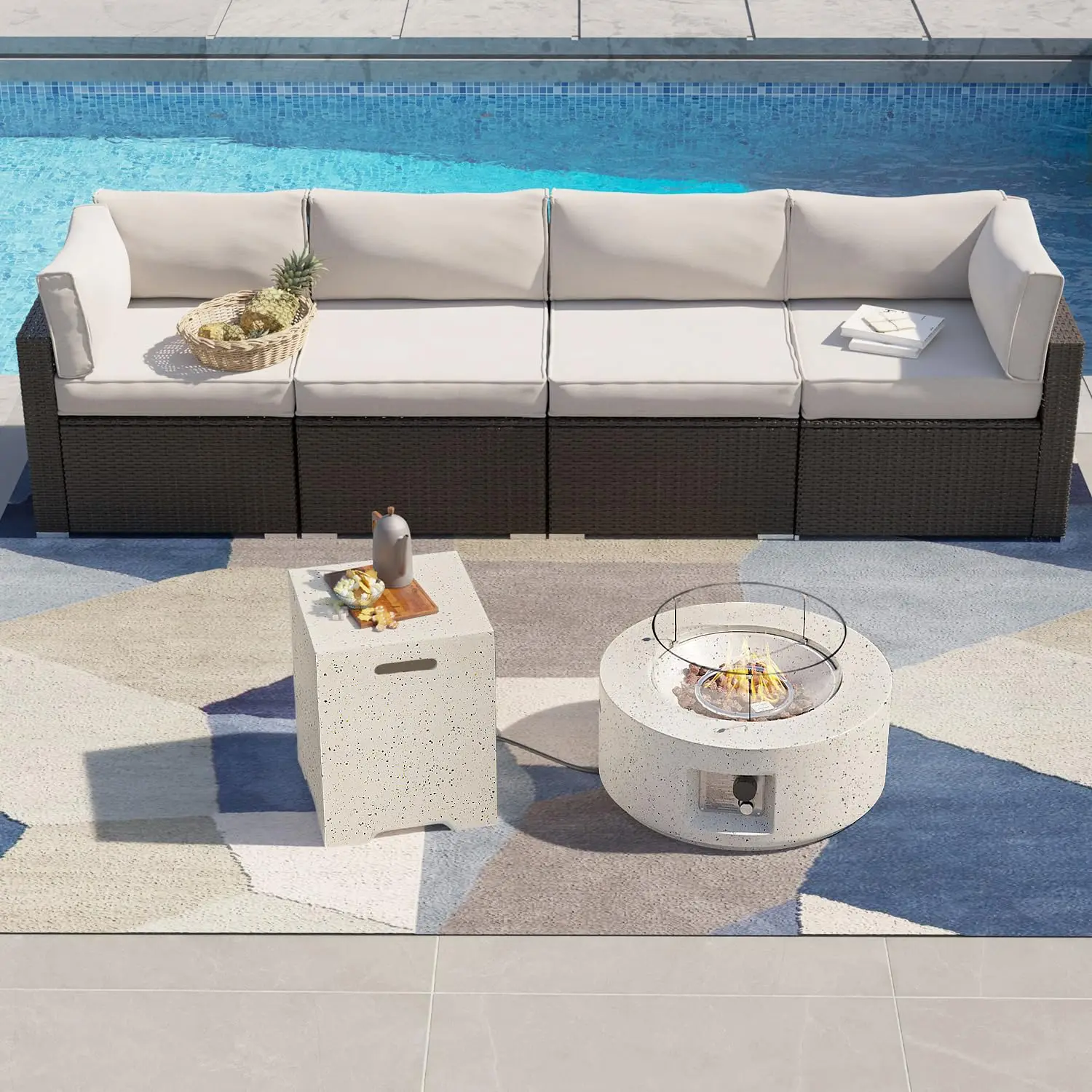 5-Piece Wicker Patio Sofa Set W Fire Pit Table Wind Guard Tank Cover Rattan & Cushions For Backyard, Customized