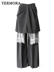 YERMORA Women Three-piece Set Mesh Lace Belted Wide Leg Pants Fashion Tide Loose Fit Trousers Spring Autumn 2025 New A169
