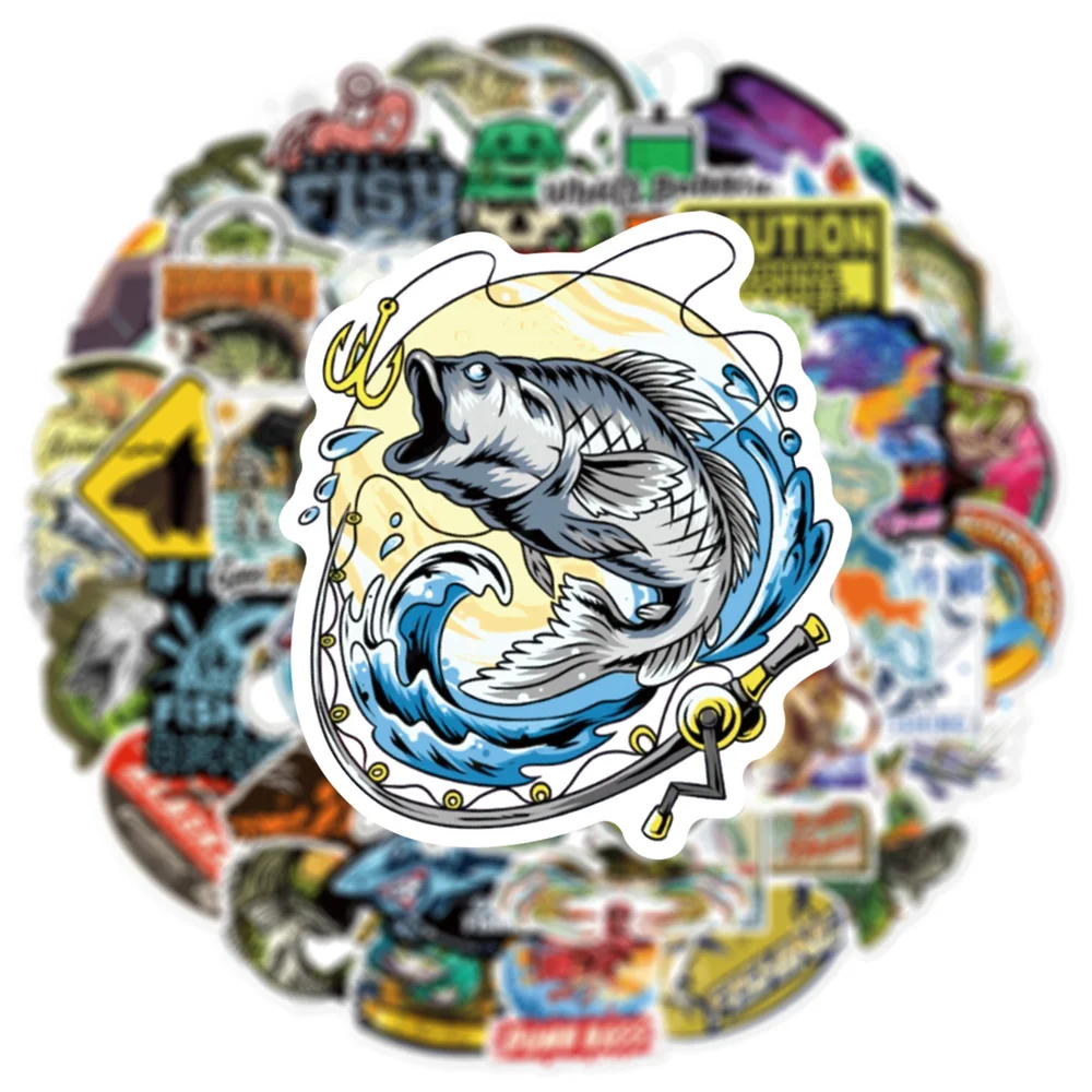 50pcs Outdoor Fishing Stickers For Motorcycle Guitar Phone Suitcase Vintage Fishing Gear Sticker Pack Scrapbooking Material