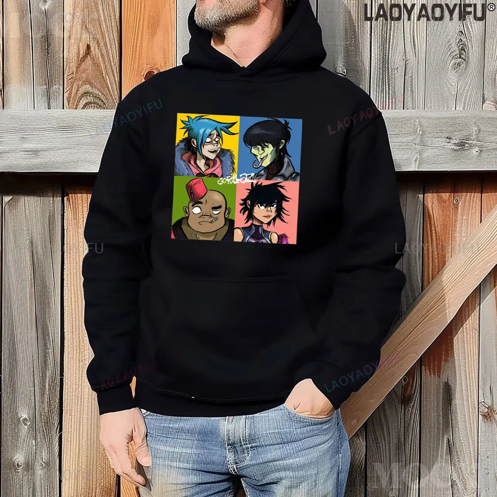 Vintage Gorillaz Music Drop Shoulder Printed Hoodie Warm Funny Men Woman Sweatshirt Punk Y2k Comic Unisex Clothing EU Size