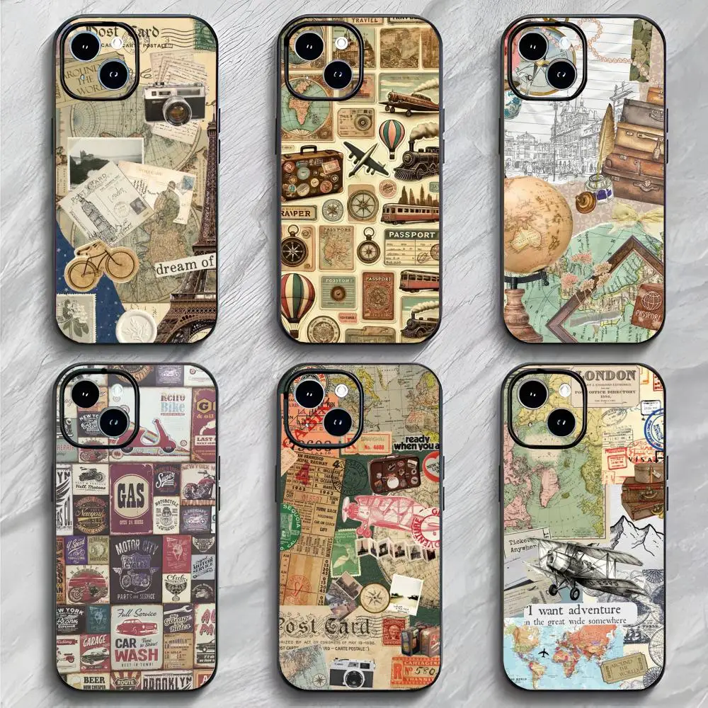r-retro travel sticker collage Phone Case Black Matte Thin Anti-collision Phone Case For IPhone17 16 15 14 ProMax