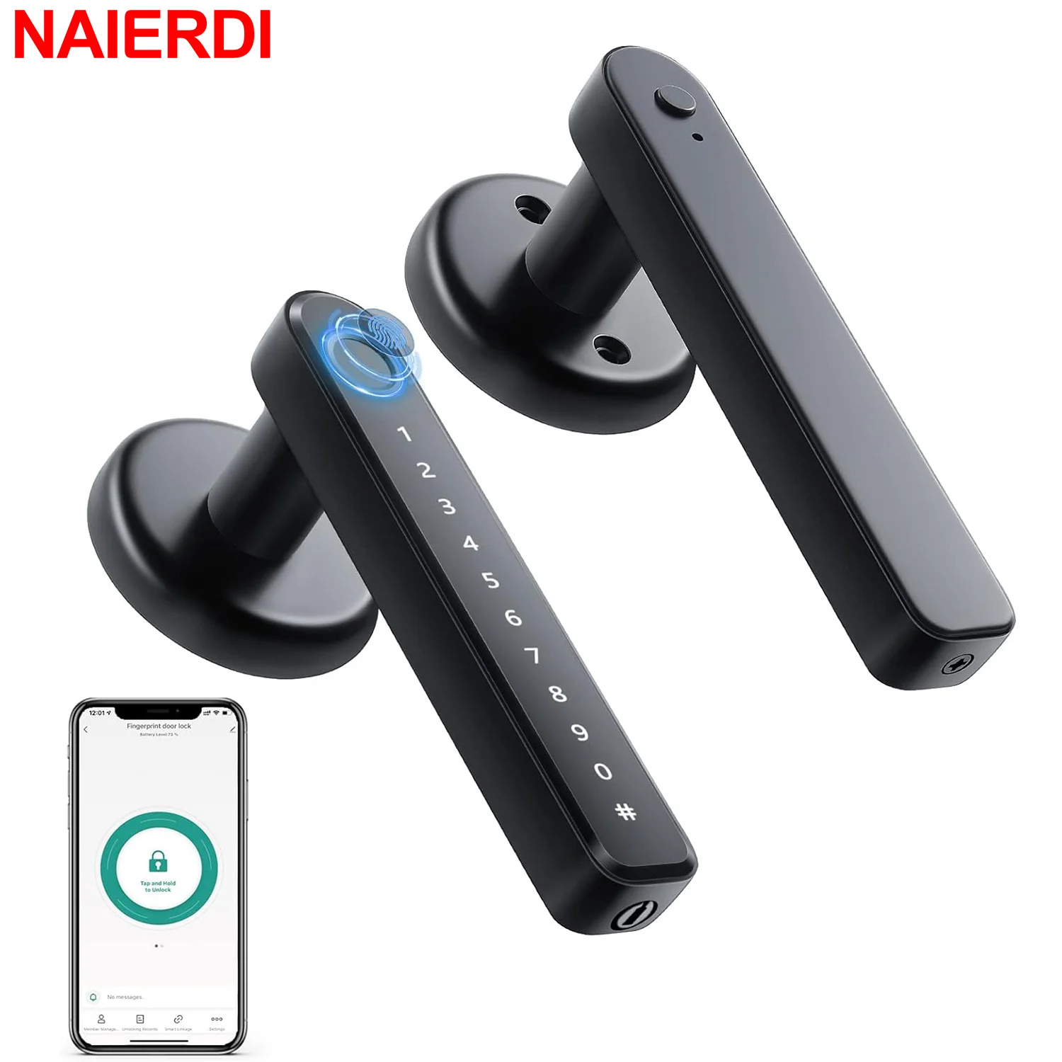 NAIERDI Fingerprint Smart Door Lock Black Biometric Door Lock with Handle Password Keyless Entry Security Door Hardware