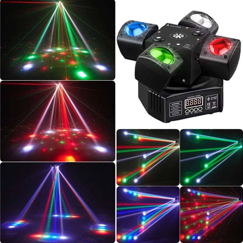 Vierarmige roterende lichten 48W LED Moving Head Beam DJ Disco Licht DMX512 Spraakgestuurde RGBW Beam + Groene Laser voor feestjes en bars