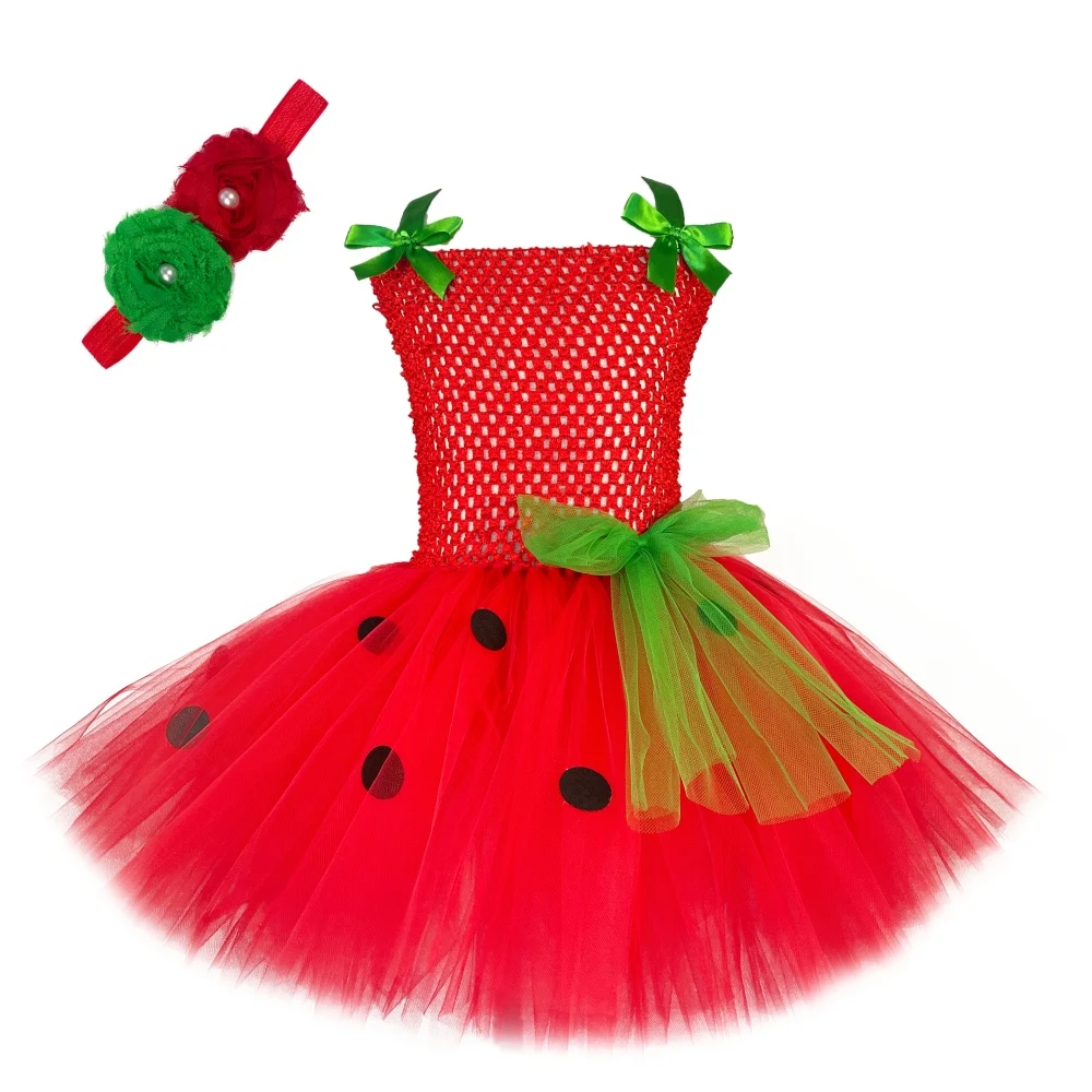 

Hot Girls Strawberry Tutu Dress Baby Christmas Outfit Black Dots Tulle Dress with Hairbow Kids Birthday Halloween Costumes Dress