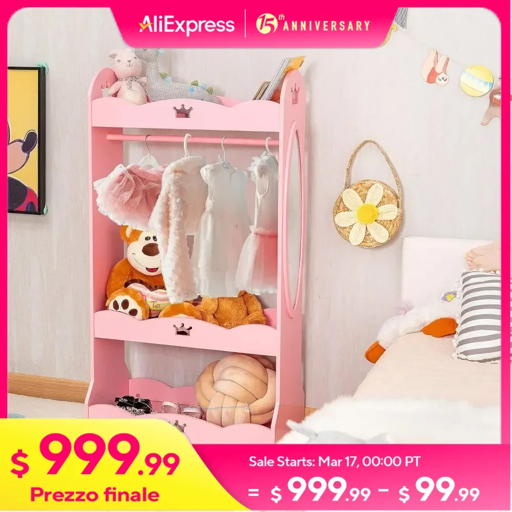 Children's Wardrobes,Kids Dress up Storage Wardrobe,Toddler Armoire Dresser Wardrobe w/Mirror & Cloth Hanger,Cute Crown Patterns