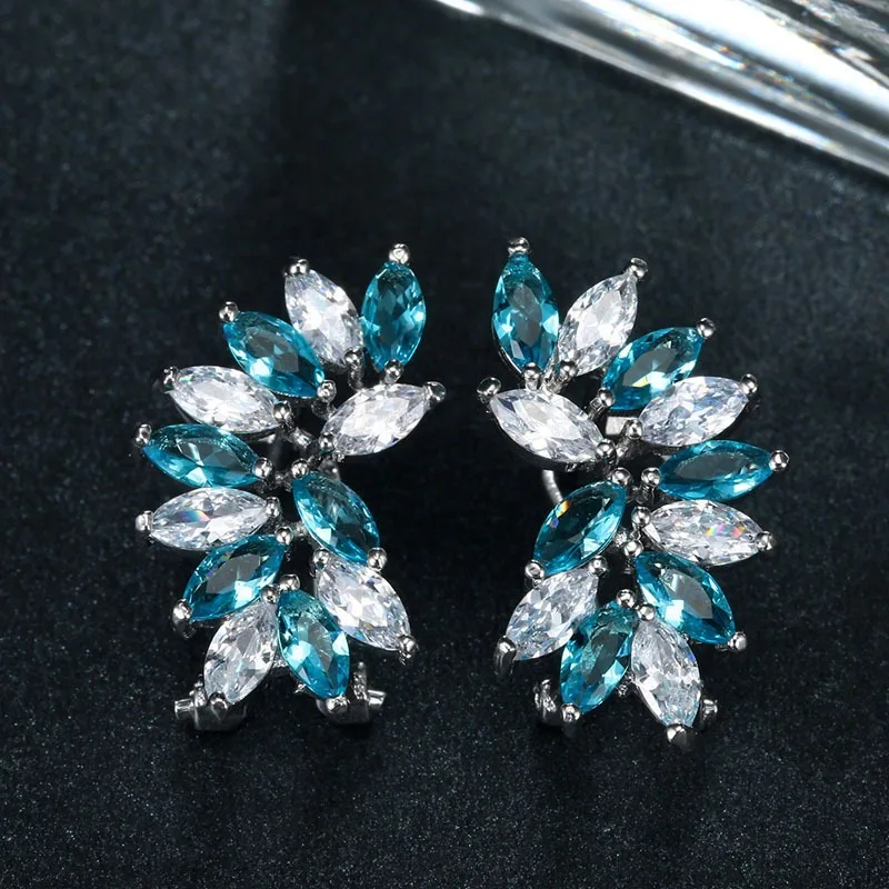 BKBK Silver Marquise Blue White CZ Cluster Clip on Women Earrings Wedding Earrings for Valentine Christmas 4th of July Sparkly Statement Bridal Jewelry for Brides Bridesmaids Adult Ladies Prom Gala Occasion